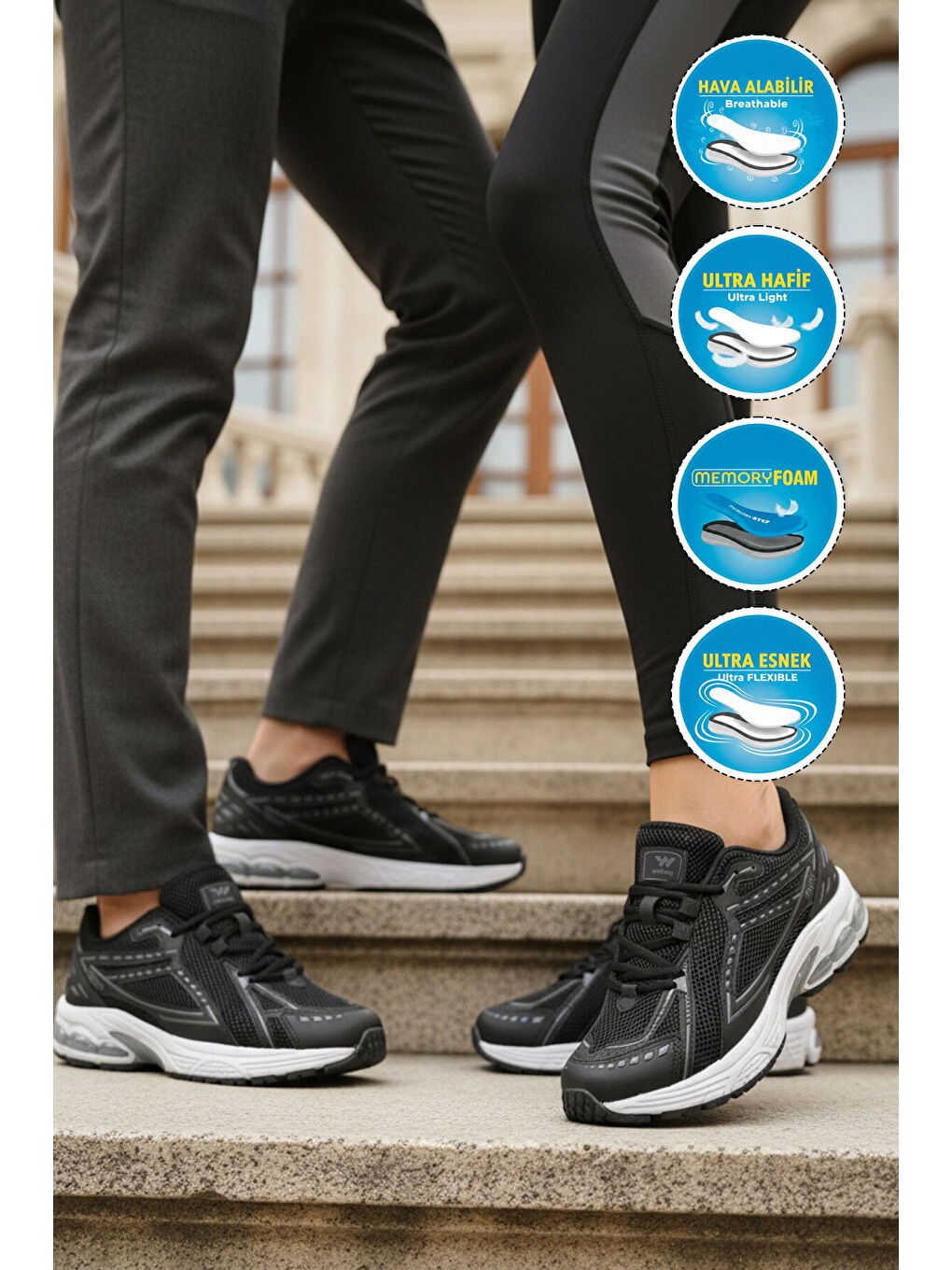 Siyah Beyaz Fileli Hafif Esnek Hafızalı Taban Unisex Spor Ayakkabı Ruth G-2