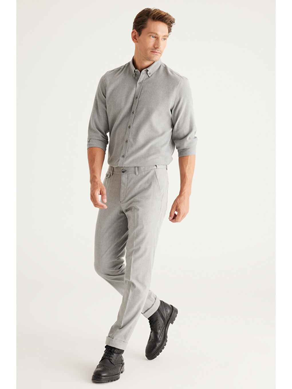 Erkek Gri Slim Fit Dar Kesim Desenli Beli Lastikli Pantolon-2