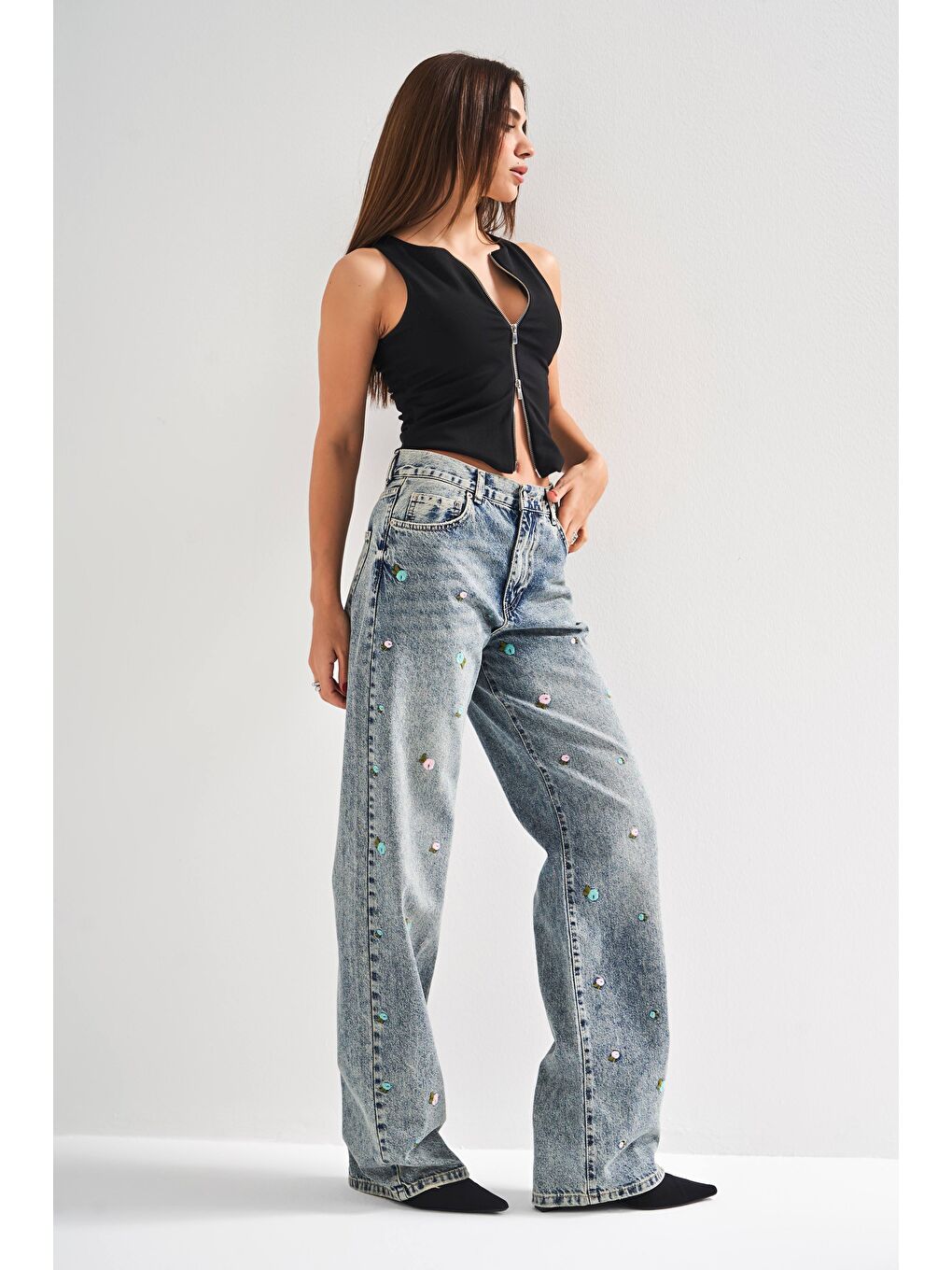 Mavi Kadın Jean Rengi 4S5 65 Çiçek Nakışlı Loose Fit Orta Bel  100 Pamuk Denim Jean-4