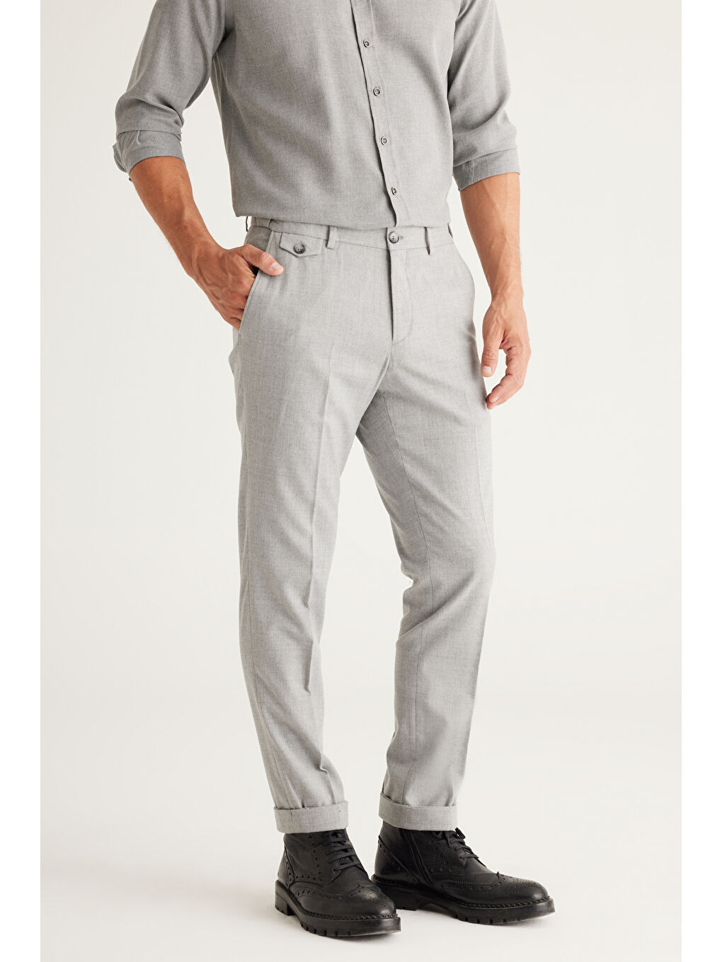 Erkek Gri Slim Fit Dar Kesim Desenli Beli Lastikli Pantolon-5