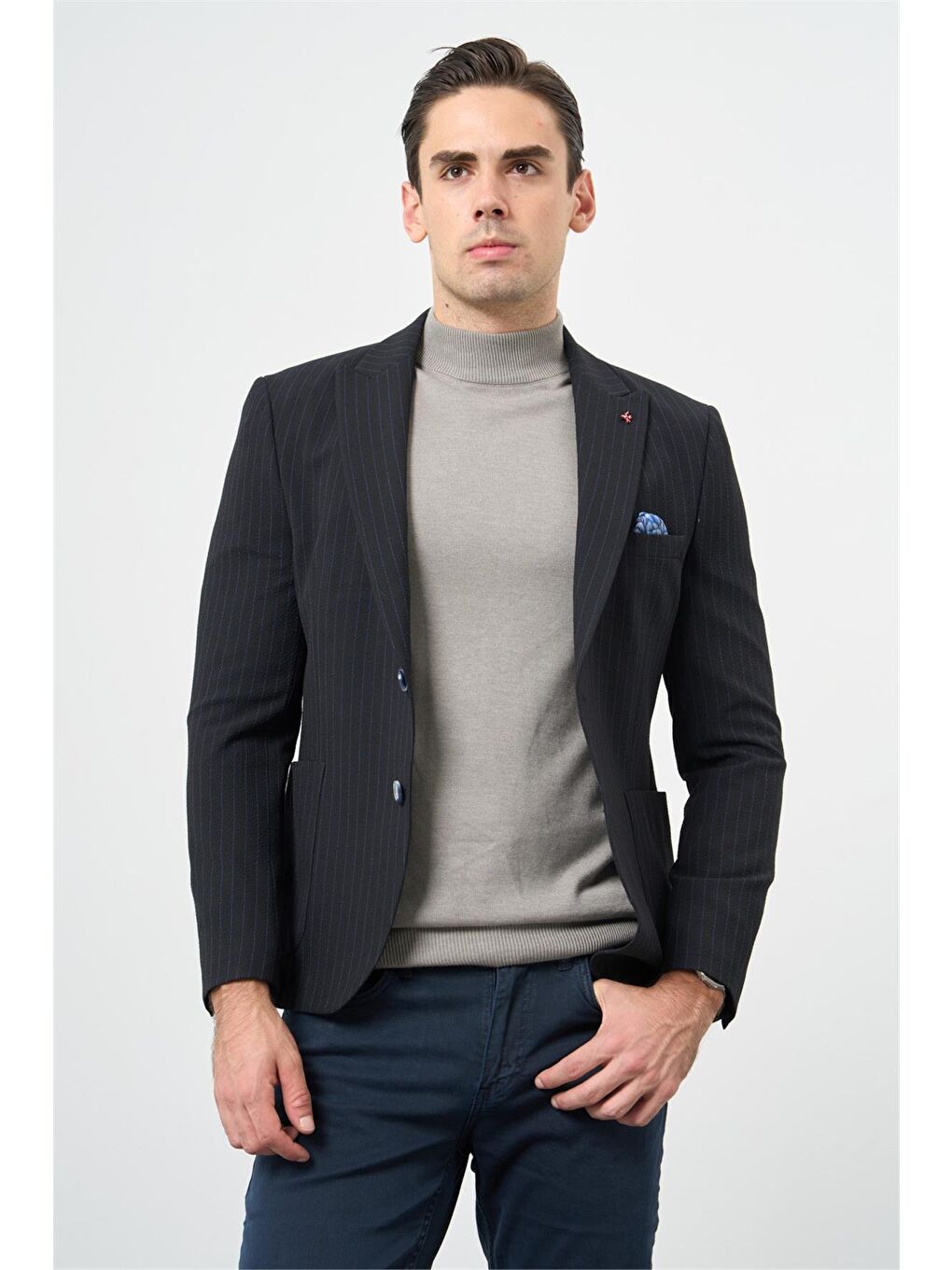 Koyu Lacivert Gofreli Kırlangıç Yaka Elastanlı 6 Drop Slim Fit Klasik Ceket 1002240111