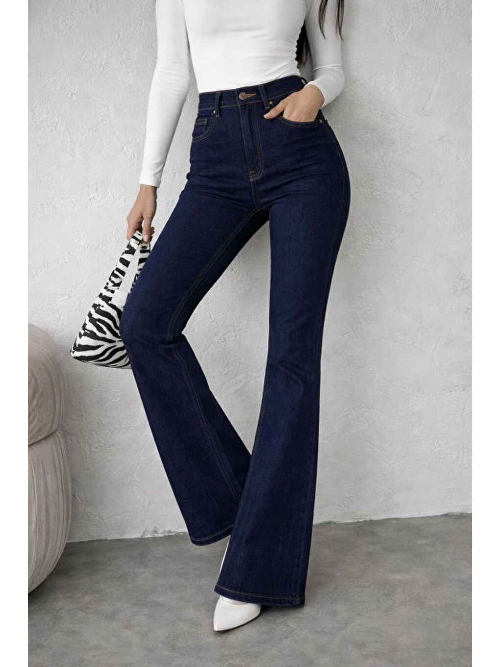 Lacivert Kadın Yüksek Bel Ispanyol Paça Jean Pantolon-1