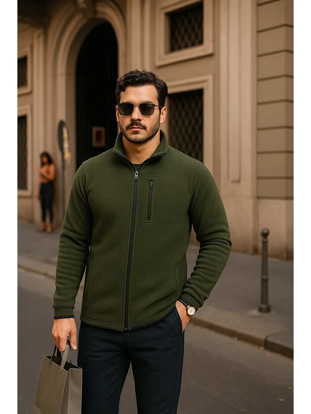 Erkek Kışlık Cepli Basic Fermuarlı Haki Polar Ceket-1