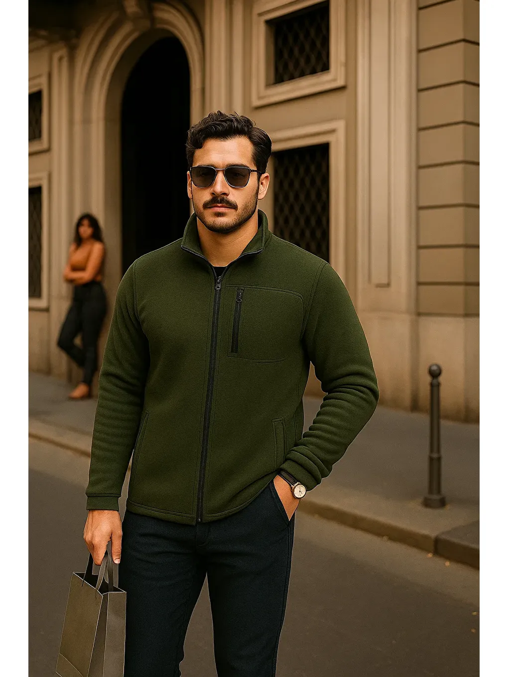 Erkek Kışlık Cepli Basic Fermuarlı Haki Polar Ceket-2