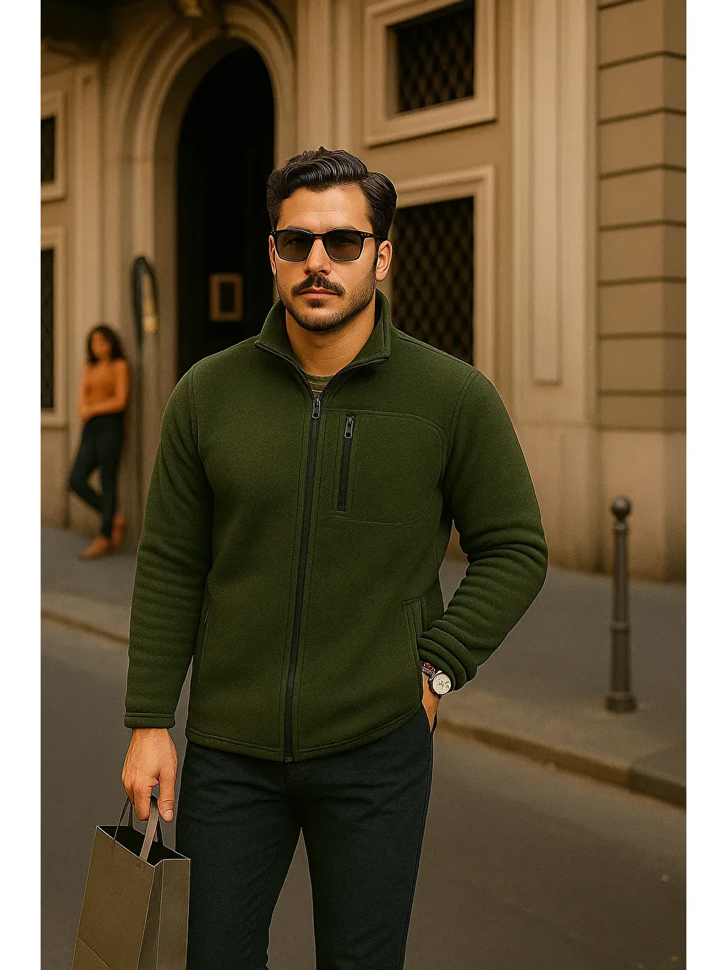 Erkek Kışlık Cepli Basic Fermuarlı Haki Polar Ceket-3