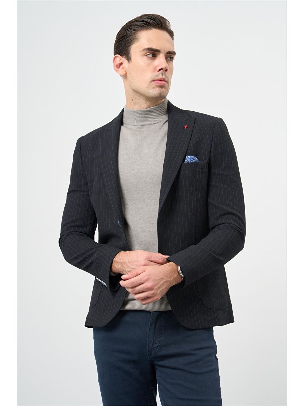 Koyu Lacivert Gofreli Kırlangıç Yaka Elastanlı 6 Drop Slim Fit Klasik Ceket 1002240111-2