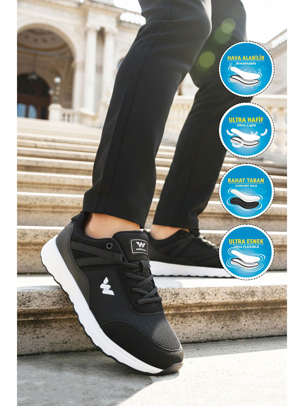 Siyah Beyaz Fileli Hafif Esnek Bağcıklı Erkek Spor Ayakkabı Omina M-2