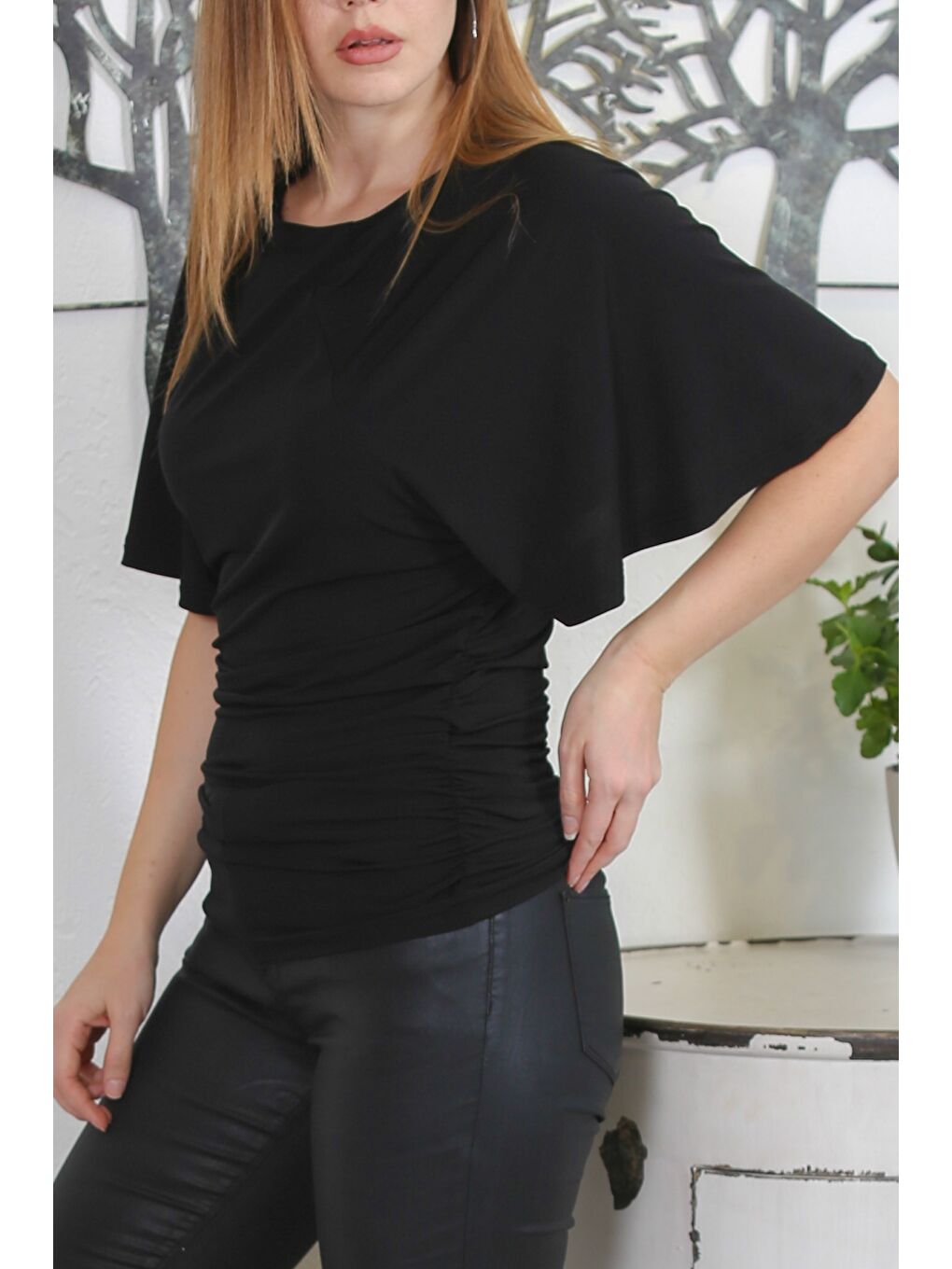 Siyah Yuvarlak Yaka Mendil Kol Büzgülü Örme Casual Bluz-3