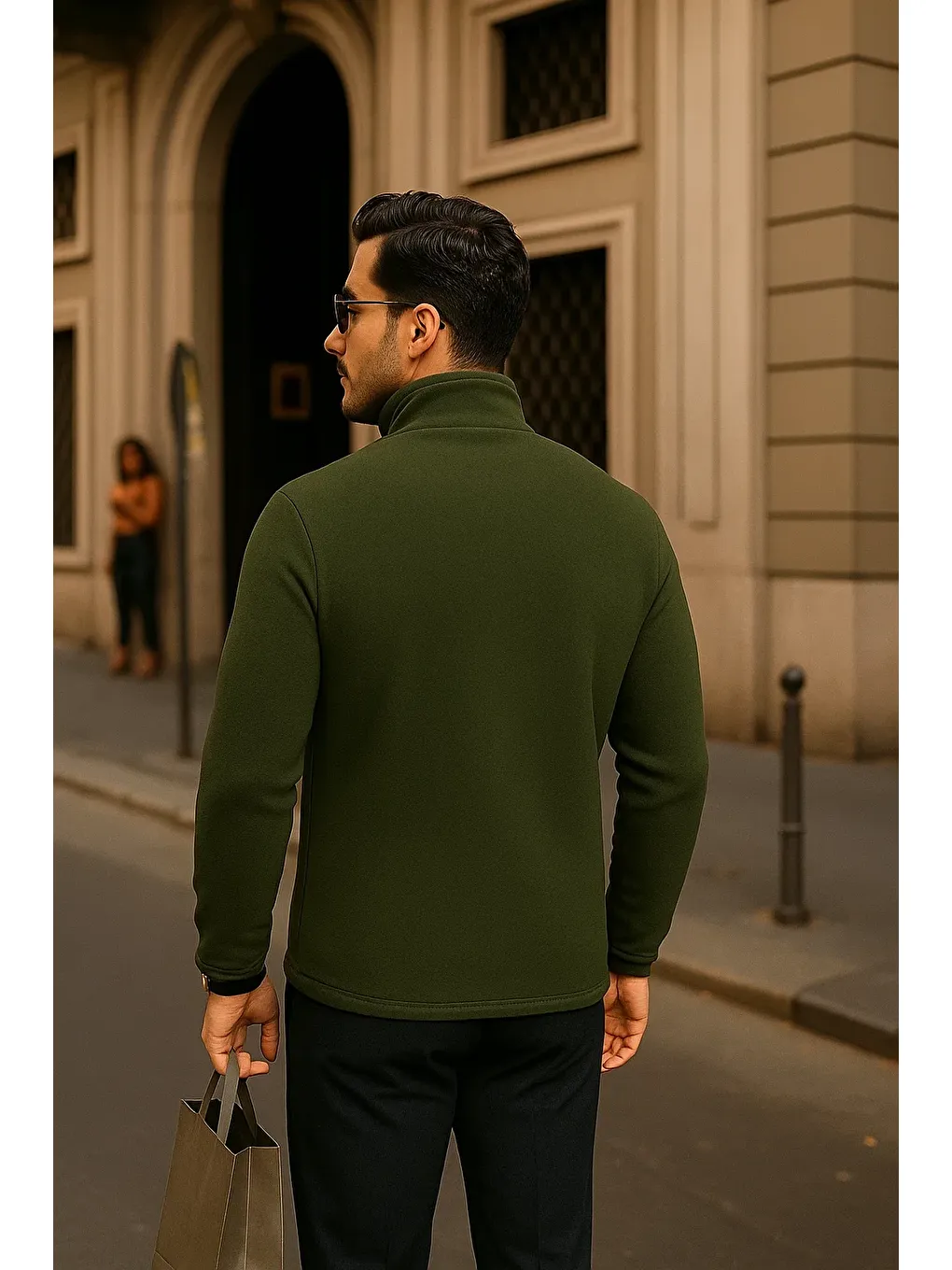 Erkek Kışlık Cepli Basic Fermuarlı Haki Polar Ceket-4