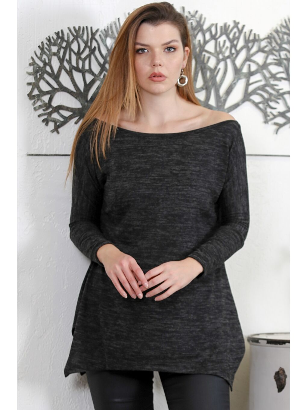 Siyah Kayık Yaka Uzun Kol Örme Casual Bluz