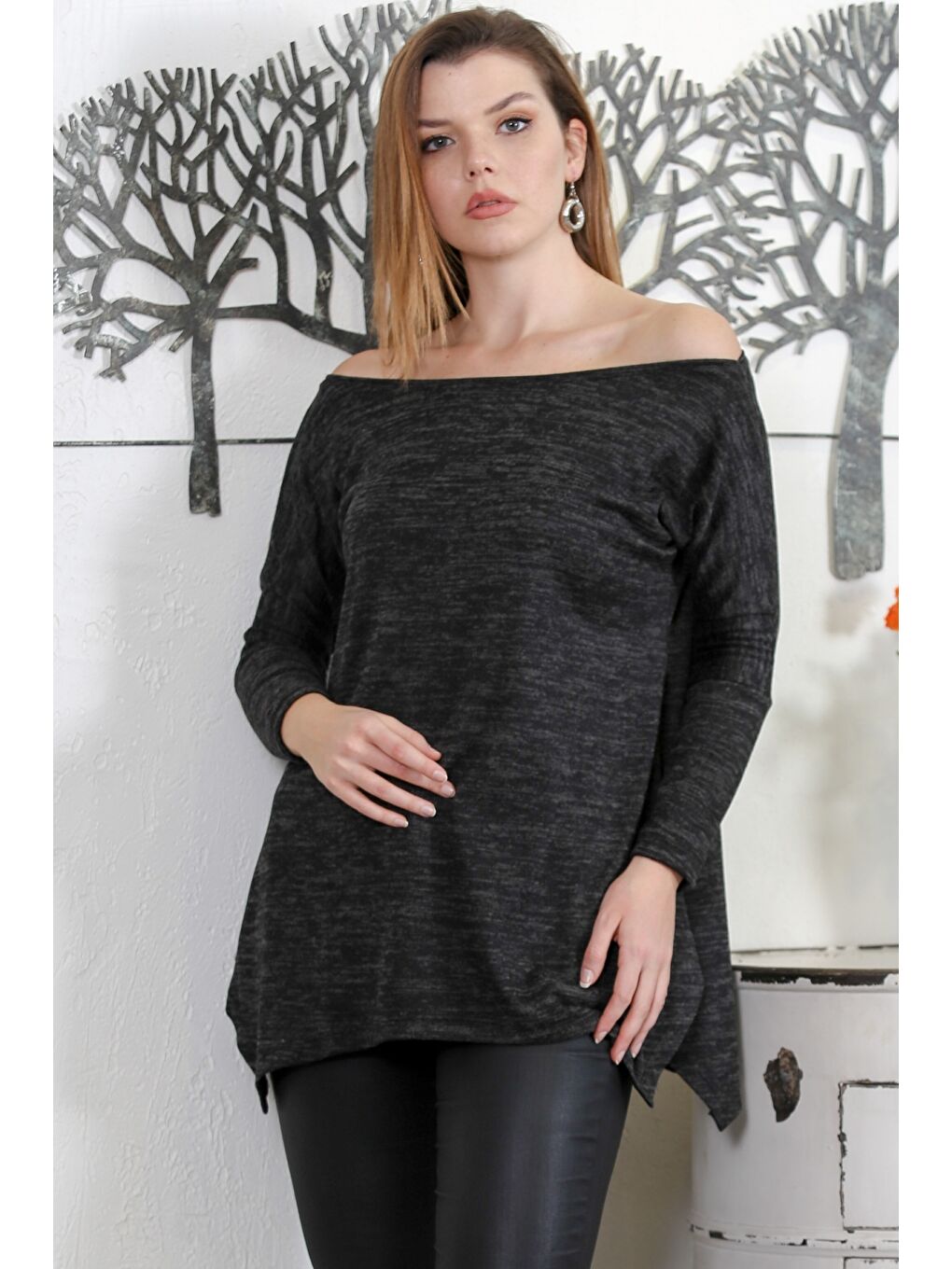 Siyah Kayık Yaka Uzun Kol Örme Casual Bluz-1
