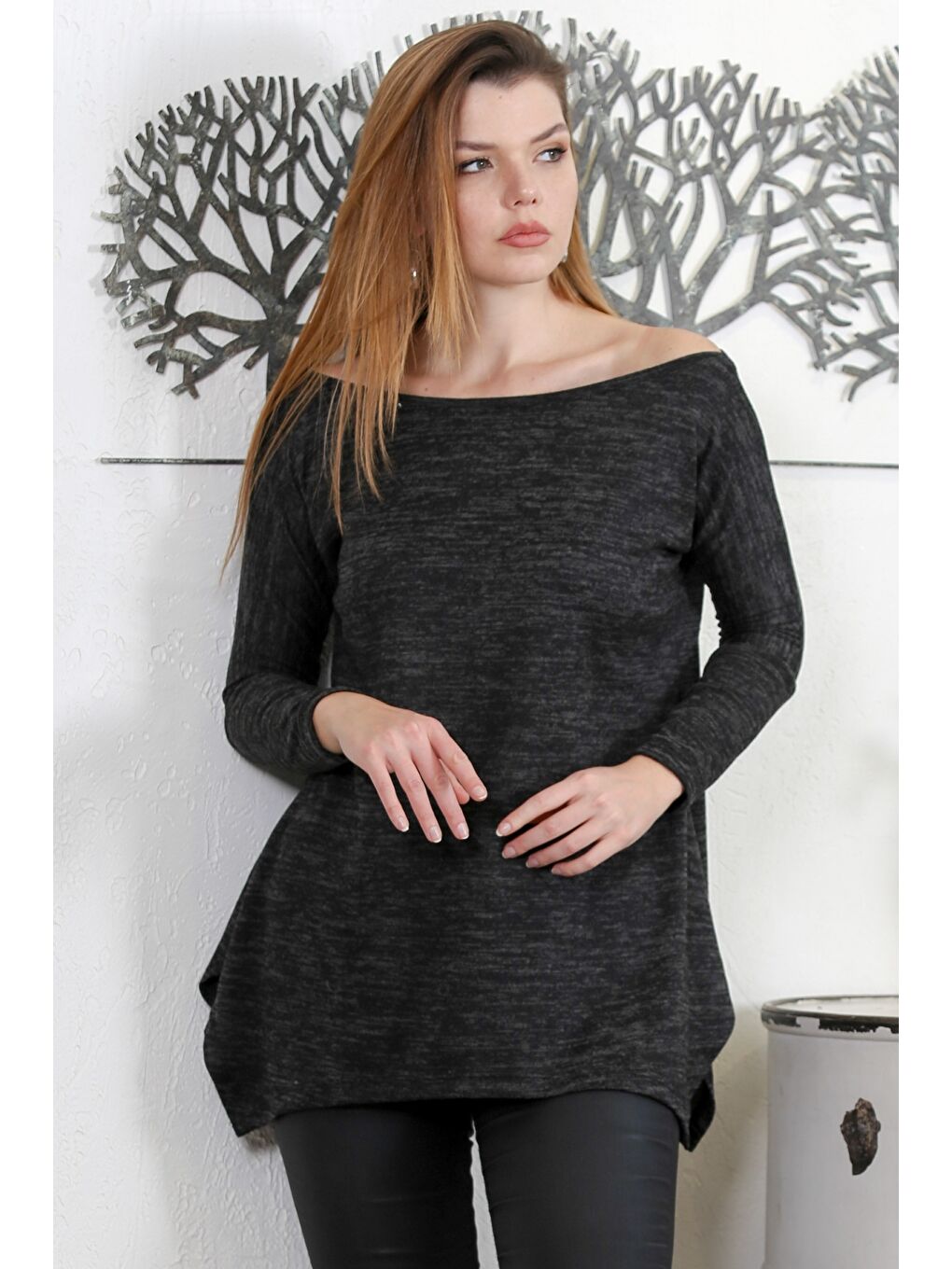 Siyah Kayık Yaka Uzun Kol Örme Casual Bluz-2