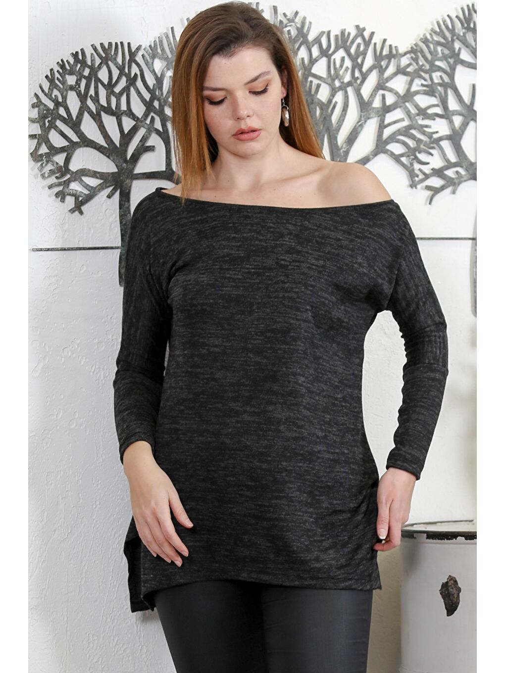 Siyah Kayık Yaka Uzun Kol Örme Casual Bluz-3