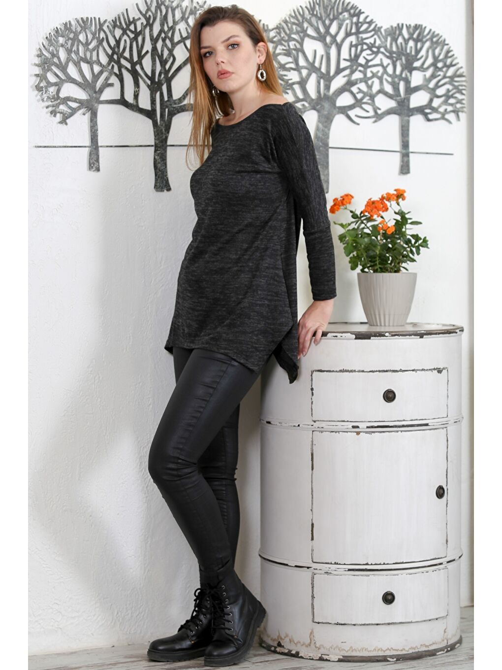 Siyah Kayık Yaka Uzun Kol Örme Casual Bluz-5