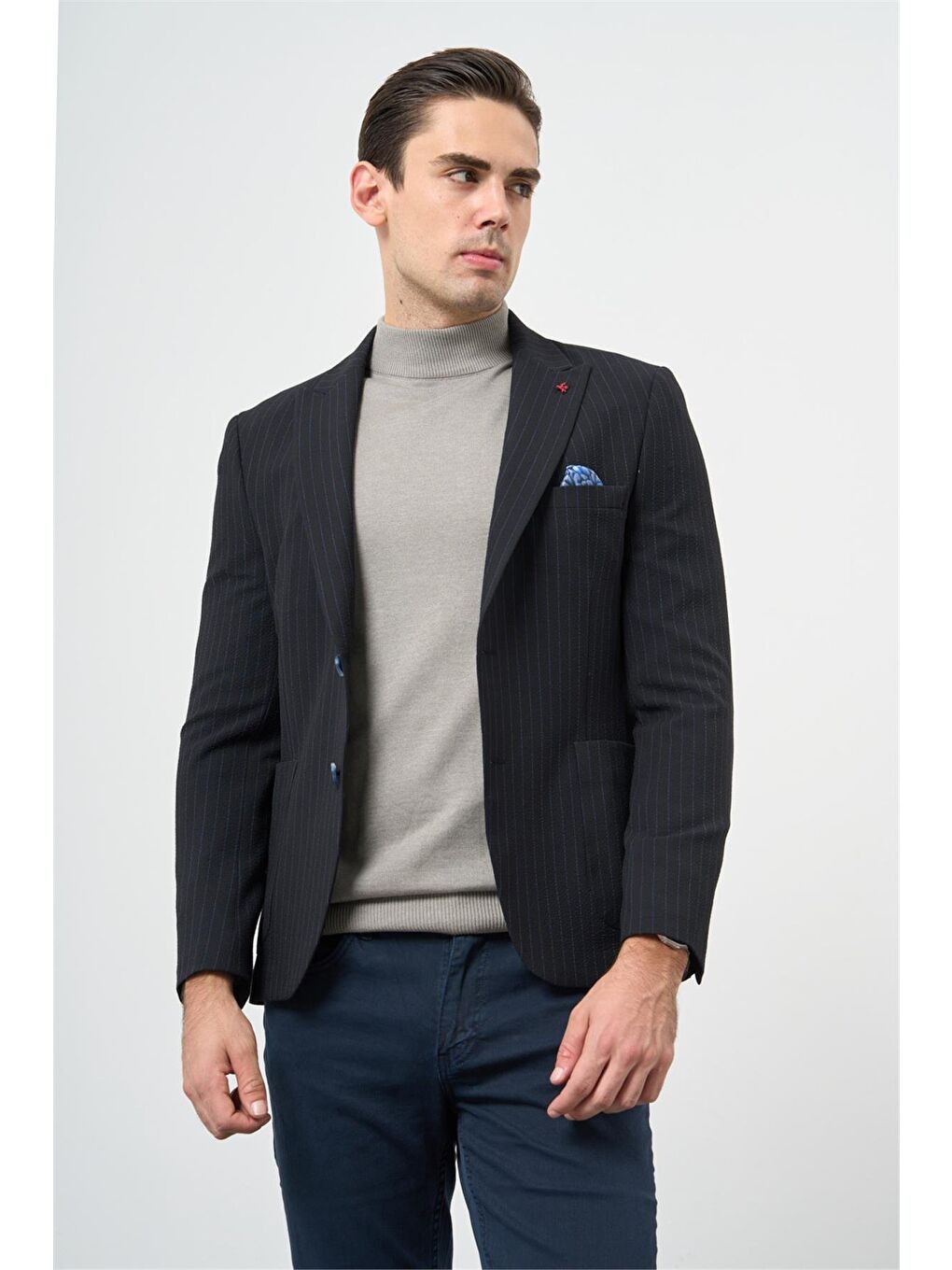 Koyu Lacivert Gofreli Kırlangıç Yaka Elastanlı 6 Drop Slim Fit Klasik Ceket 1002240111-5