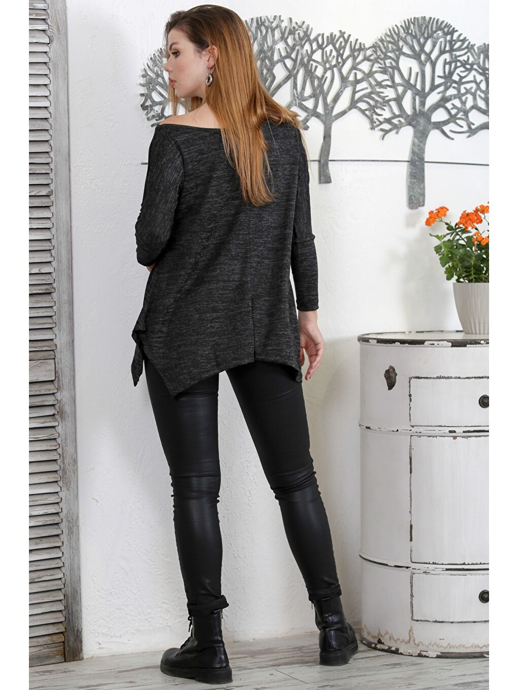 Siyah Kayık Yaka Uzun Kol Örme Casual Bluz-6