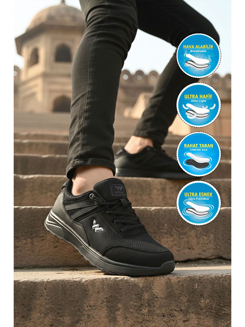 Siyah Fileli Hafif Esnek Bağcıklı Erkek Spor Ayakkabı Omina M-2