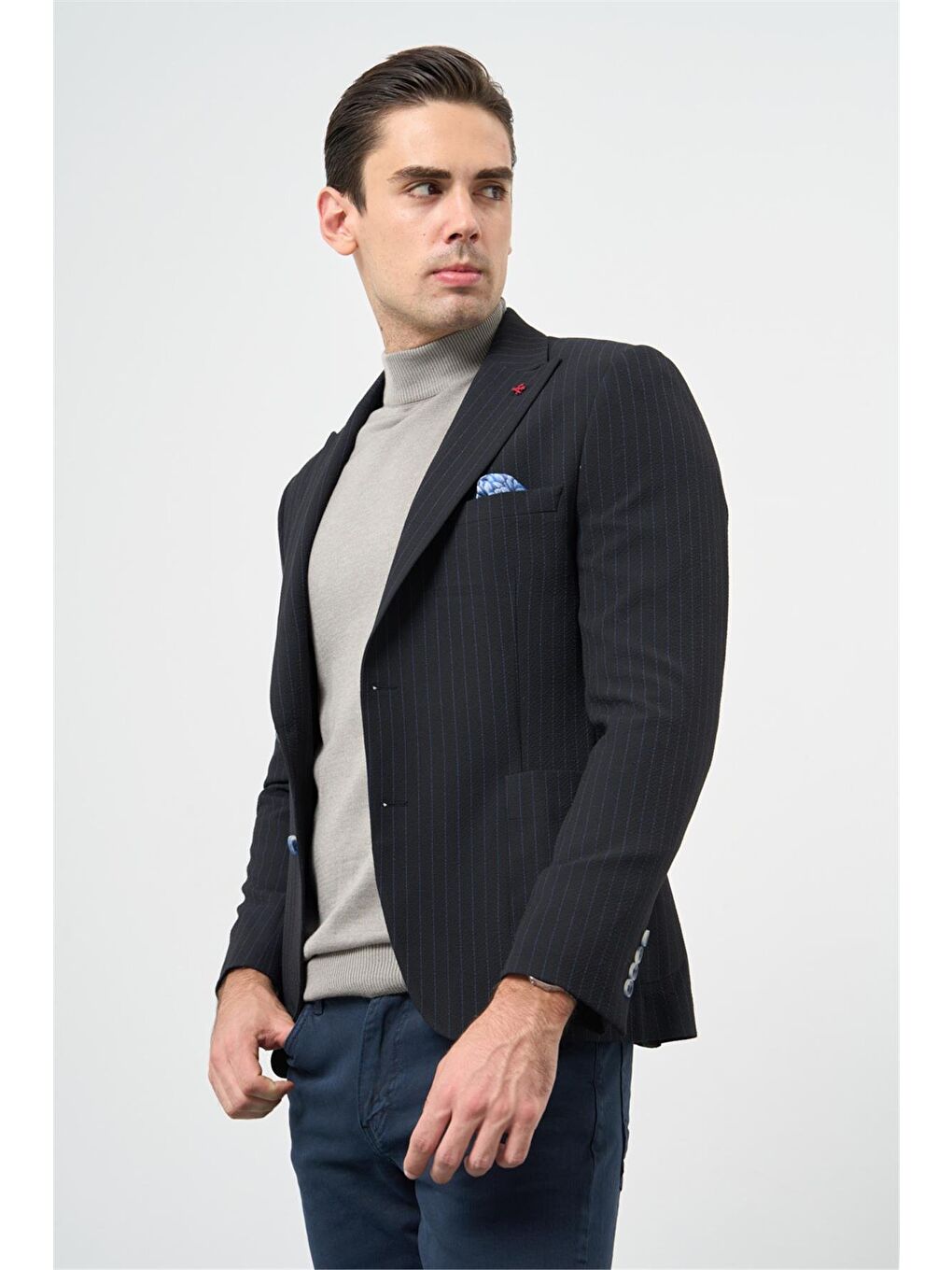 Koyu Lacivert Gofreli Kırlangıç Yaka Elastanlı 6 Drop Slim Fit Klasik Ceket 1002240111-6