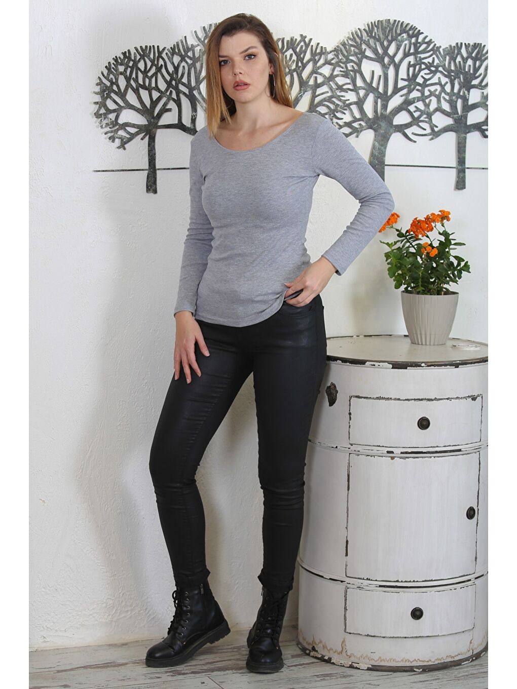 Gri U Yaka Uzun Kol Örme Casual Bluz-4