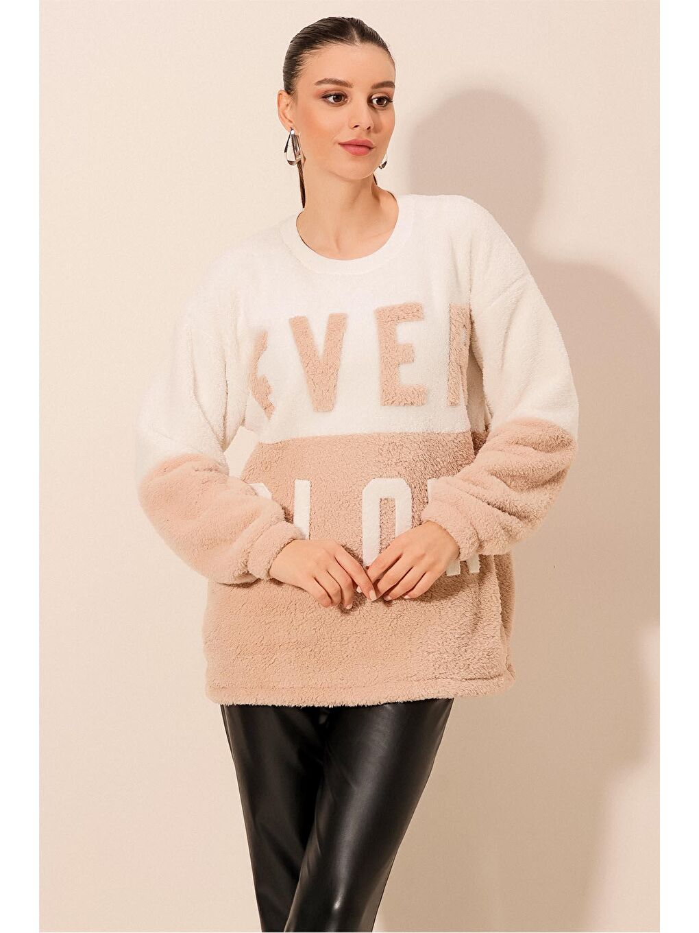 Bigdart Bej 55438 Blok Renkli Peluş Sweatshirt - Bisküvi