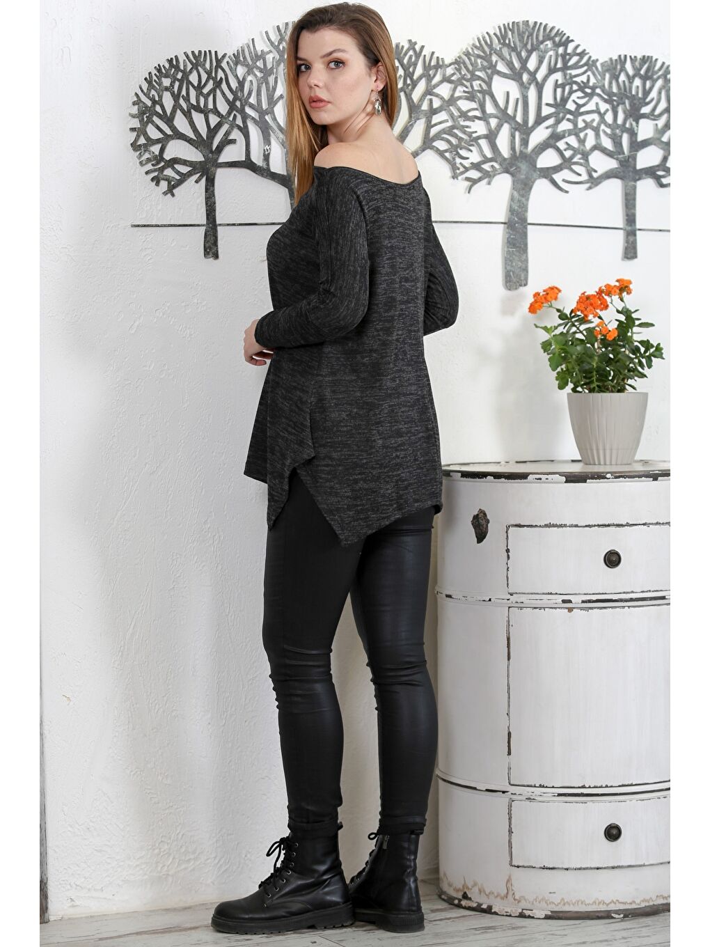 Gri U Yaka Uzun Kol Örme Casual Bluz-7