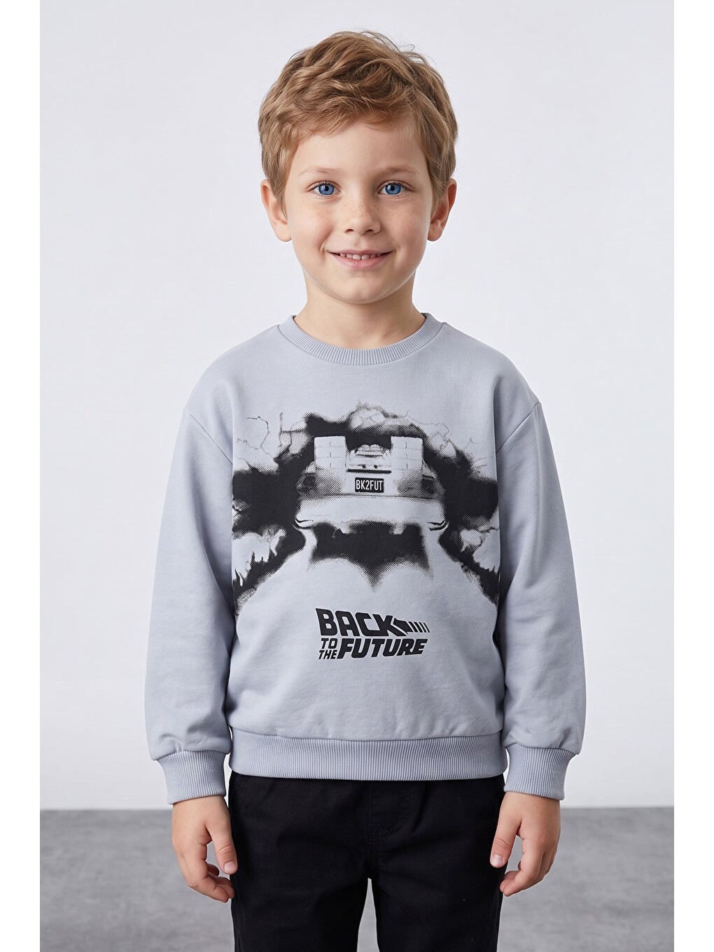 Gri Back To The Future Baskılı Erkek Çocuk Sweatshirt-1