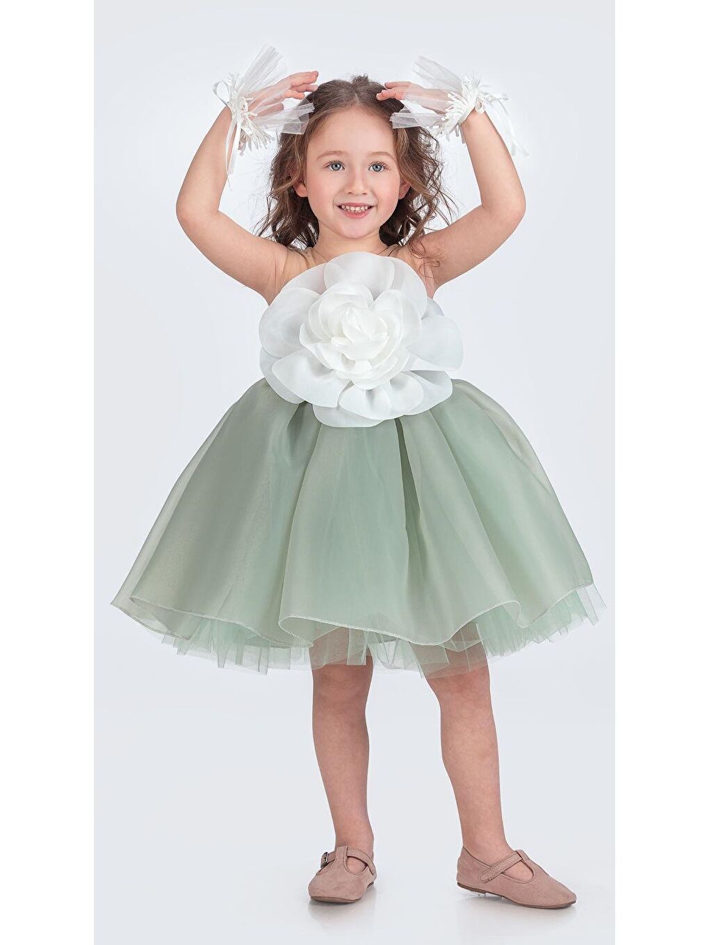 Yeşil Karolin Robası Çiçekli Bilekli Aksesuarlı Kız Çocuk Abiye Elbise M00724-5