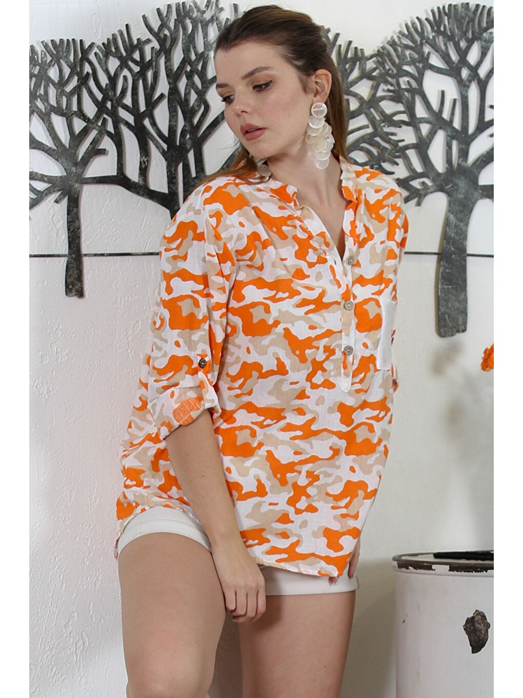 Turuncu Hakim Yaka Düğmeli Uzun Kollu Kamuflaj Yaka Kapaması Düğmeli Pullu Cepli Dokuma Casual Bluz-3