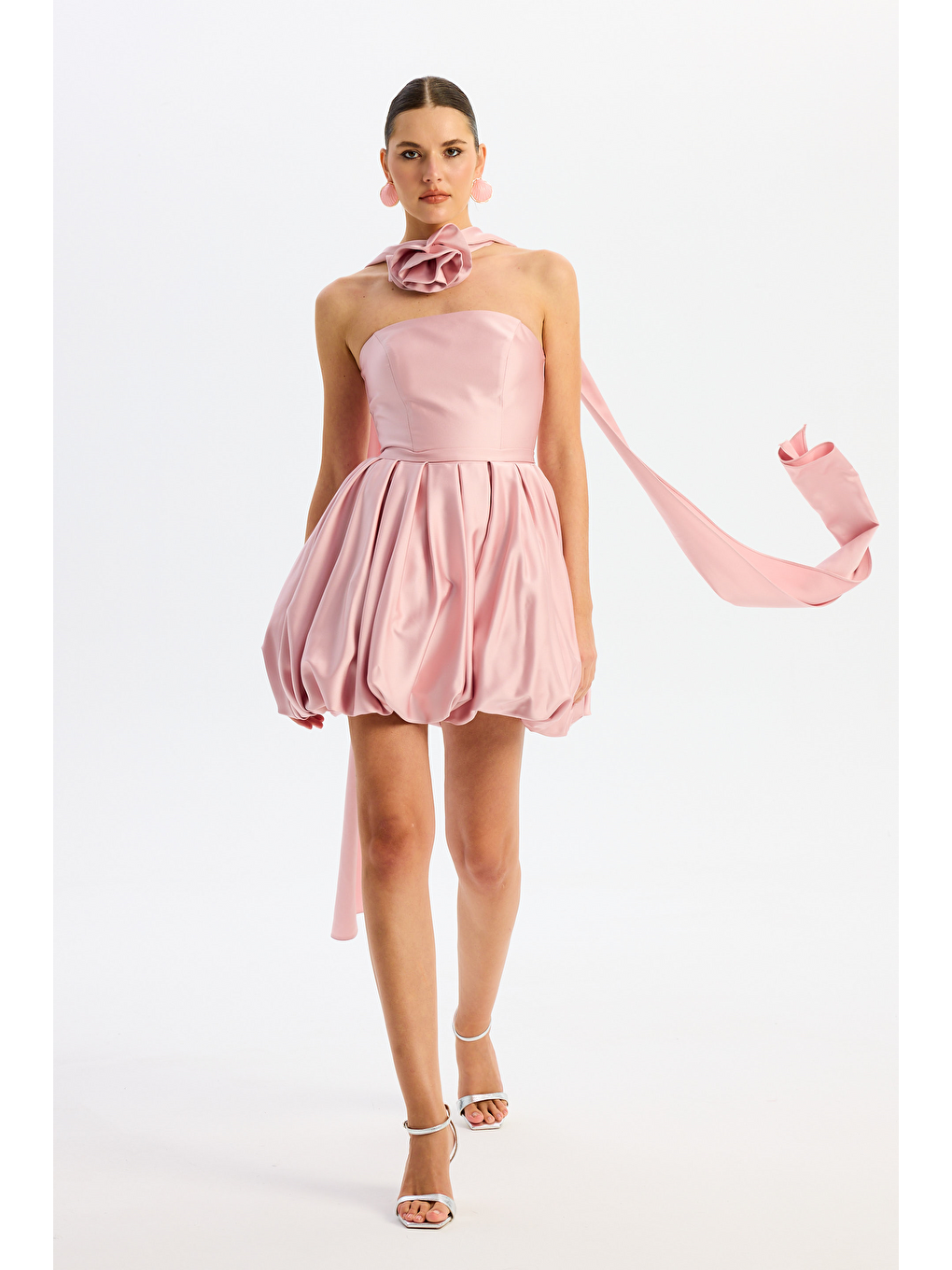 Pembe Pudra Balon Etek Güllü Saten Abiye Elbise