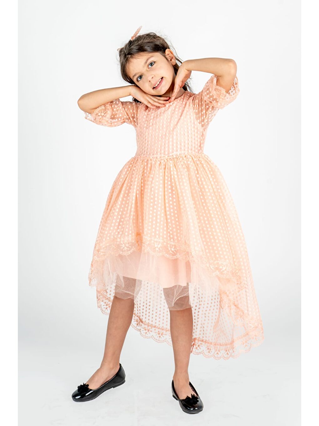 Pembe Kuyruklu Model Kız Çocuk Dantel Elbise MNK0482-5