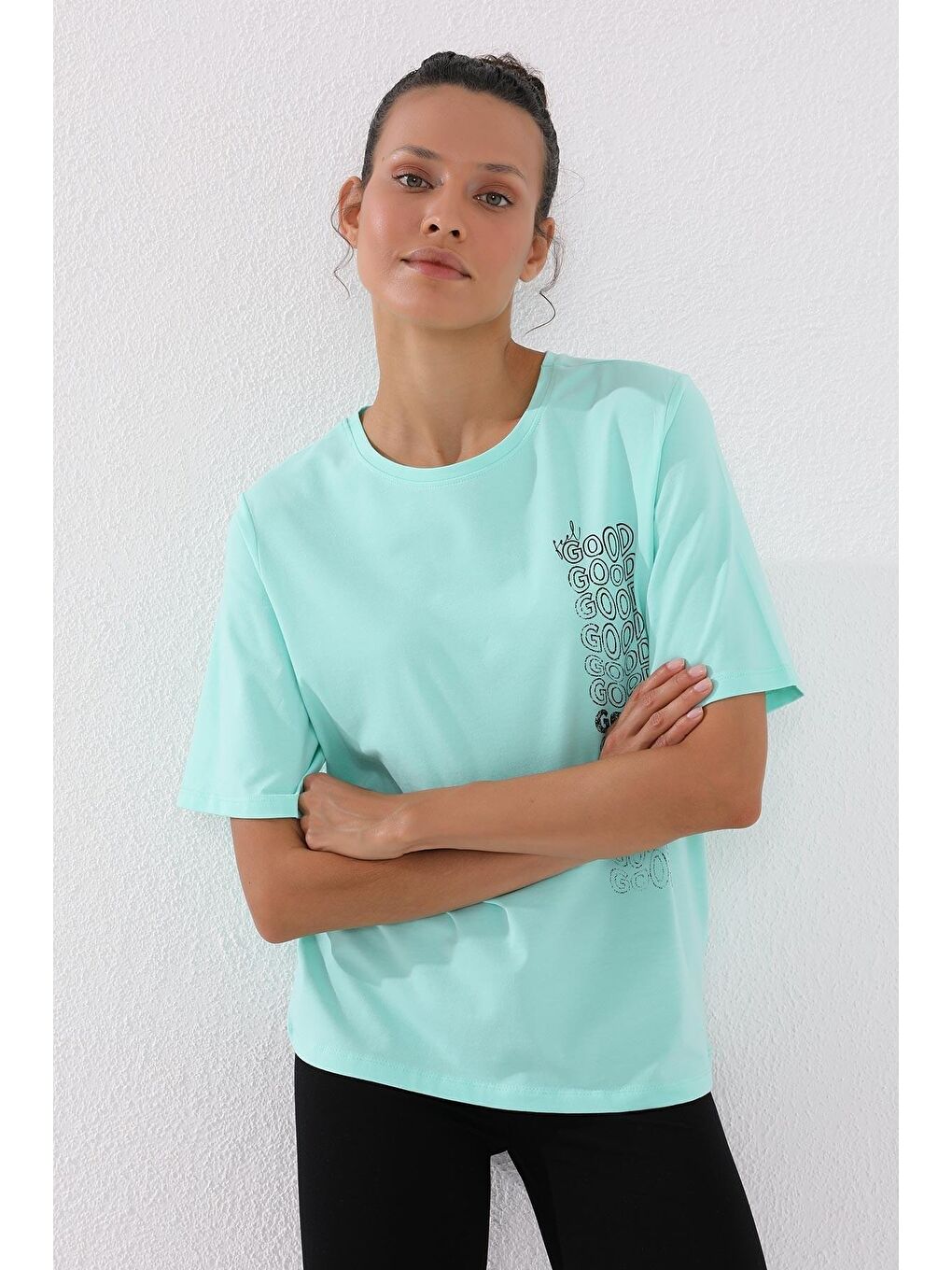 TOMMYLIFE Koyu Mint Yeşili Mint Yeşili Deforme Yazı Baskılı O Yaka Kadın Oversize T-Shirt - 97134 - 2