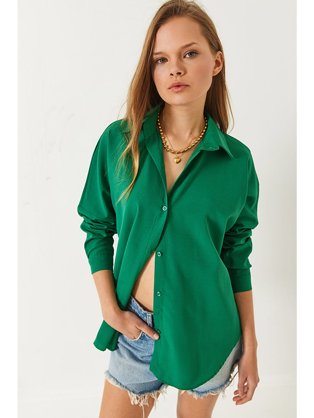 Yeşil Kadın Uzun Kollu Düğme Kapamalı Basic Gömlek-1