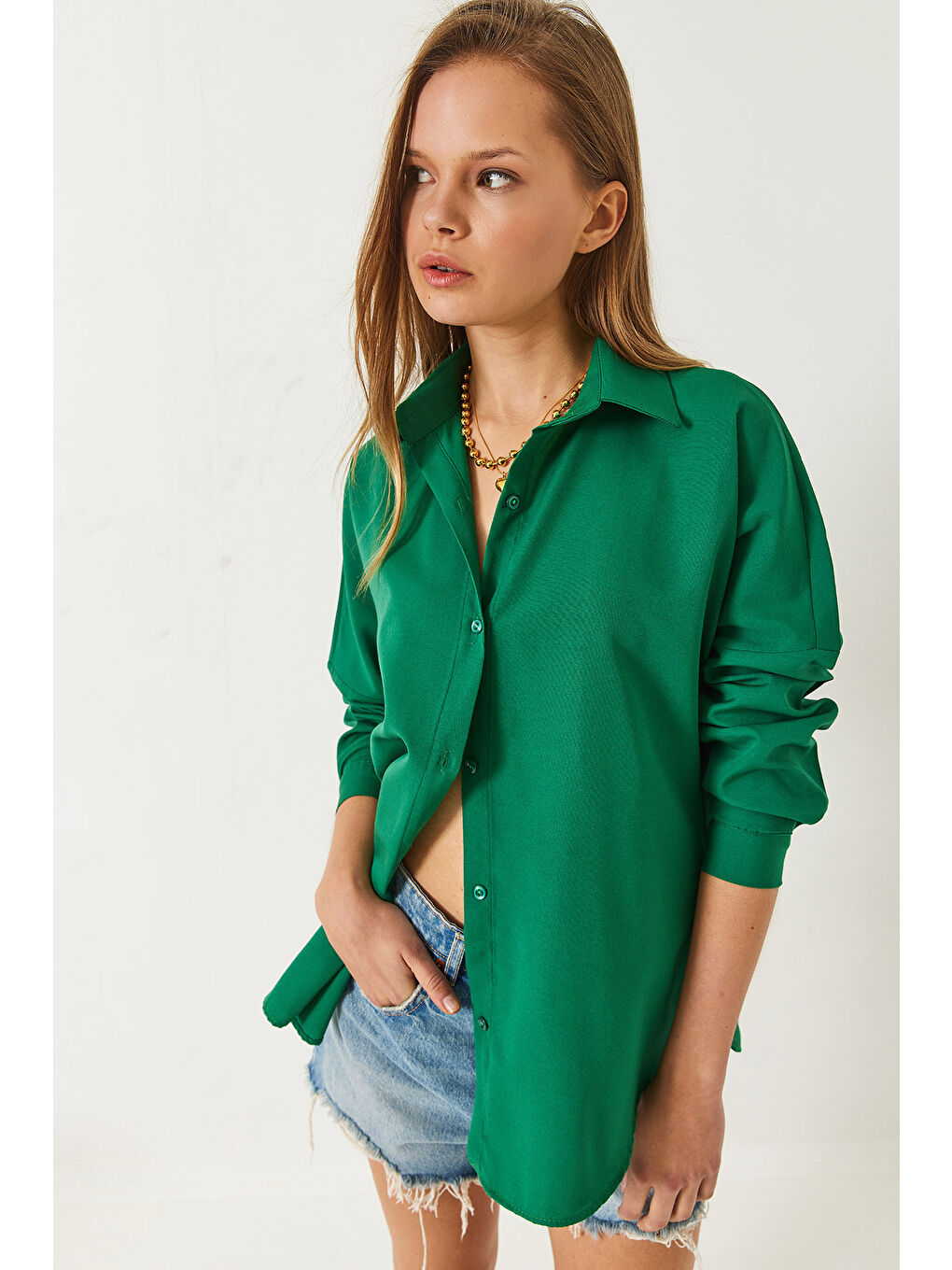 Yeşil Kadın Uzun Kollu Düğme Kapamalı Basic Gömlek-2