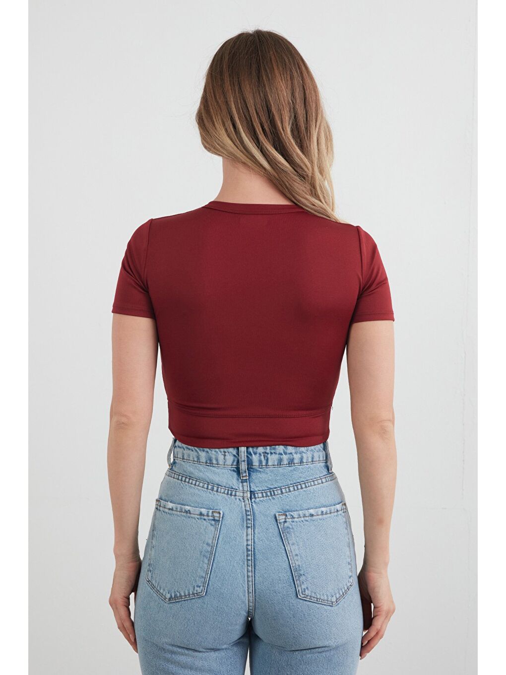 Bordo Basic Yarım Fermuarlı Dalgıç Kumaş Crop Tişört-3