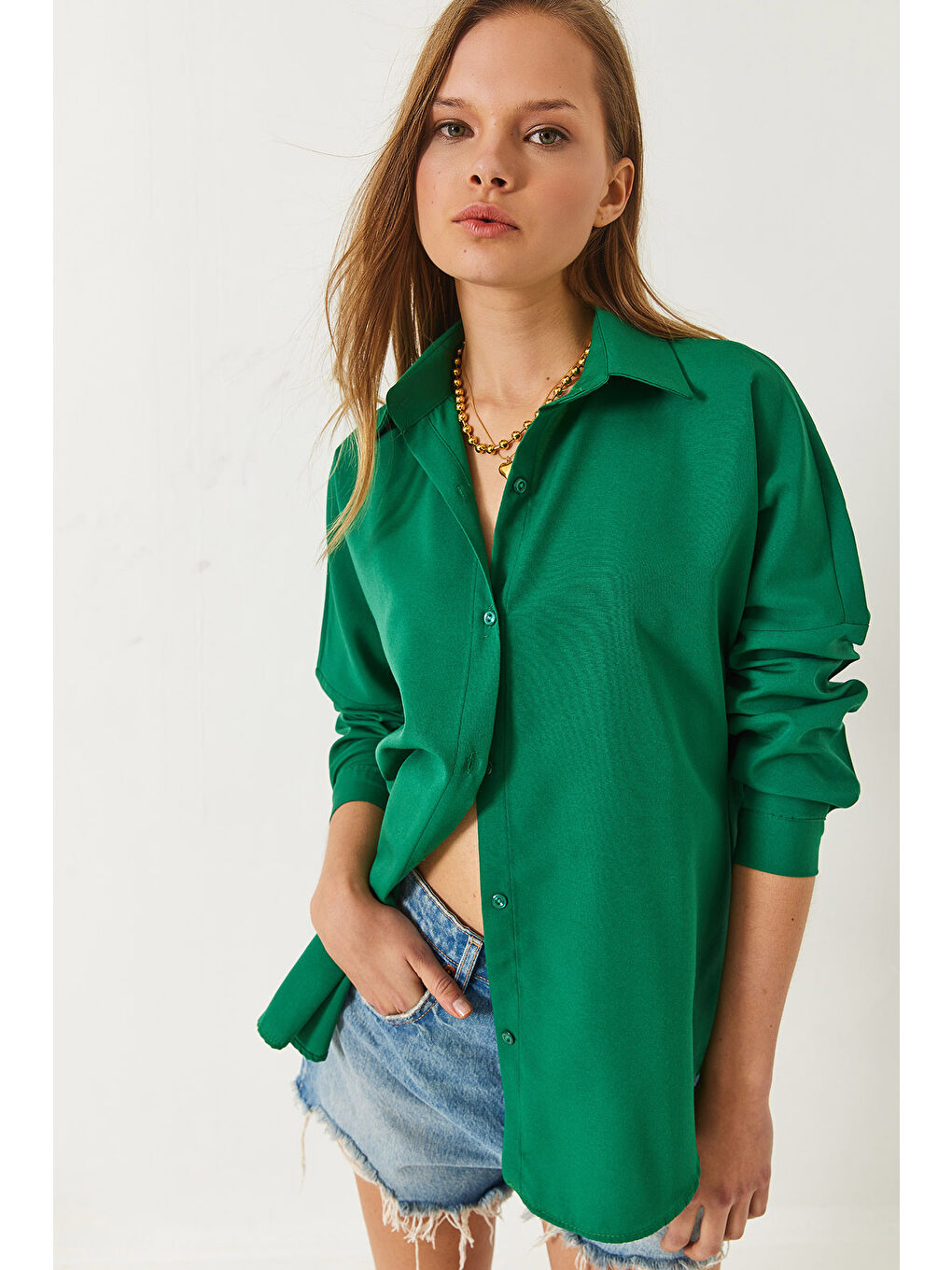 Yeşil Kadın Uzun Kollu Düğme Kapamalı Basic Gömlek-4