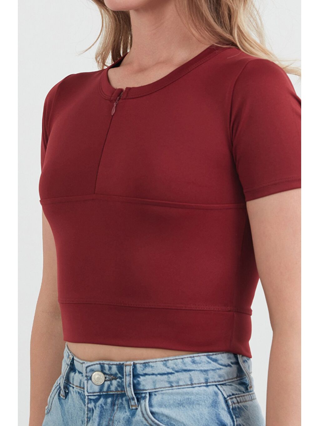Bordo Basic Yarım Fermuarlı Dalgıç Kumaş Crop Tişört-4