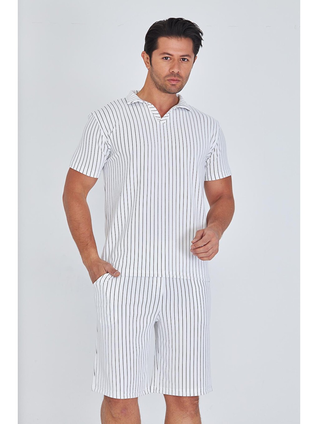 Erkek Yakalı Çizgili Polycotton T-shirt Şort İkili Takım Bej 5733-b-1