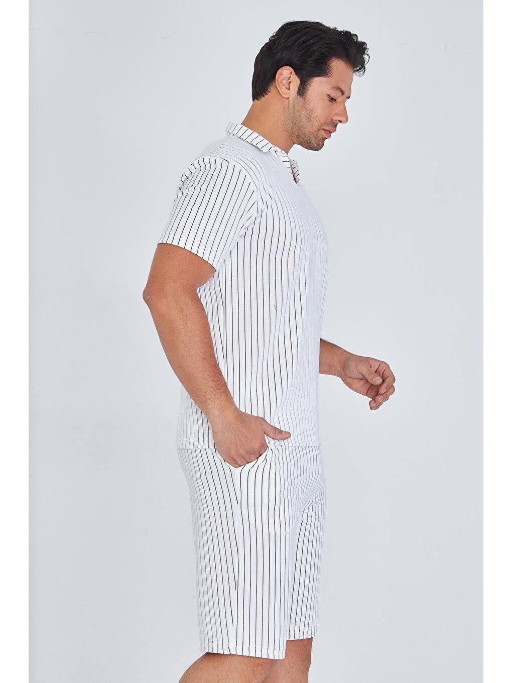 Erkek Yakalı Çizgili Polycotton T-shirt Şort İkili Takım Bej 5733-b-2