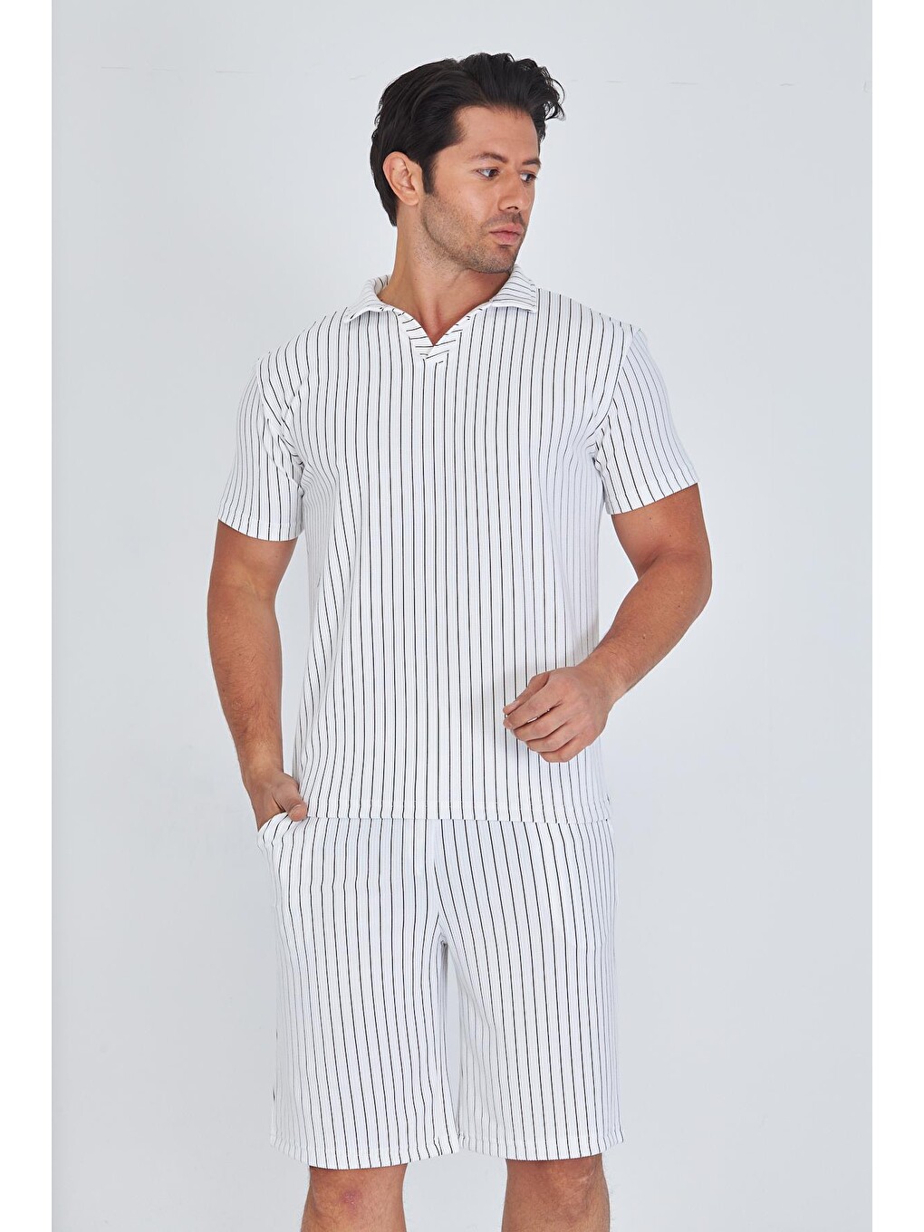 Erkek Yakalı Çizgili Polycotton T-shirt Şort İkili Takım Bej 5733-b-3
