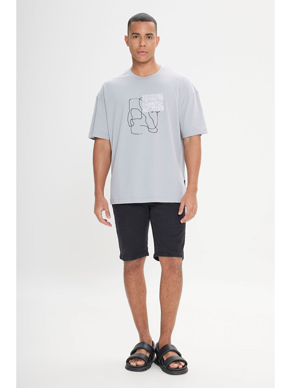Erkek Gri Oversize Bol Kesim Bisiklet Yaka %100 Pamuk Baskılı Tişört-1