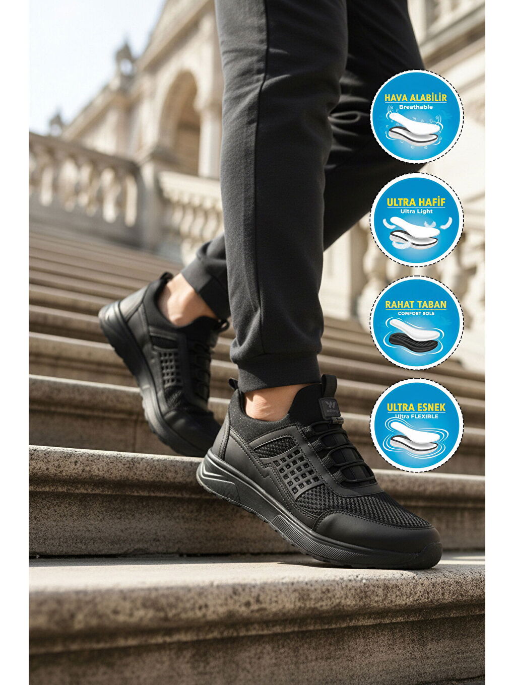 Siyah Fileli Hafif Esnek Lastik Bağcıklı Erkek Spor Ayakkabı Motano M-2
