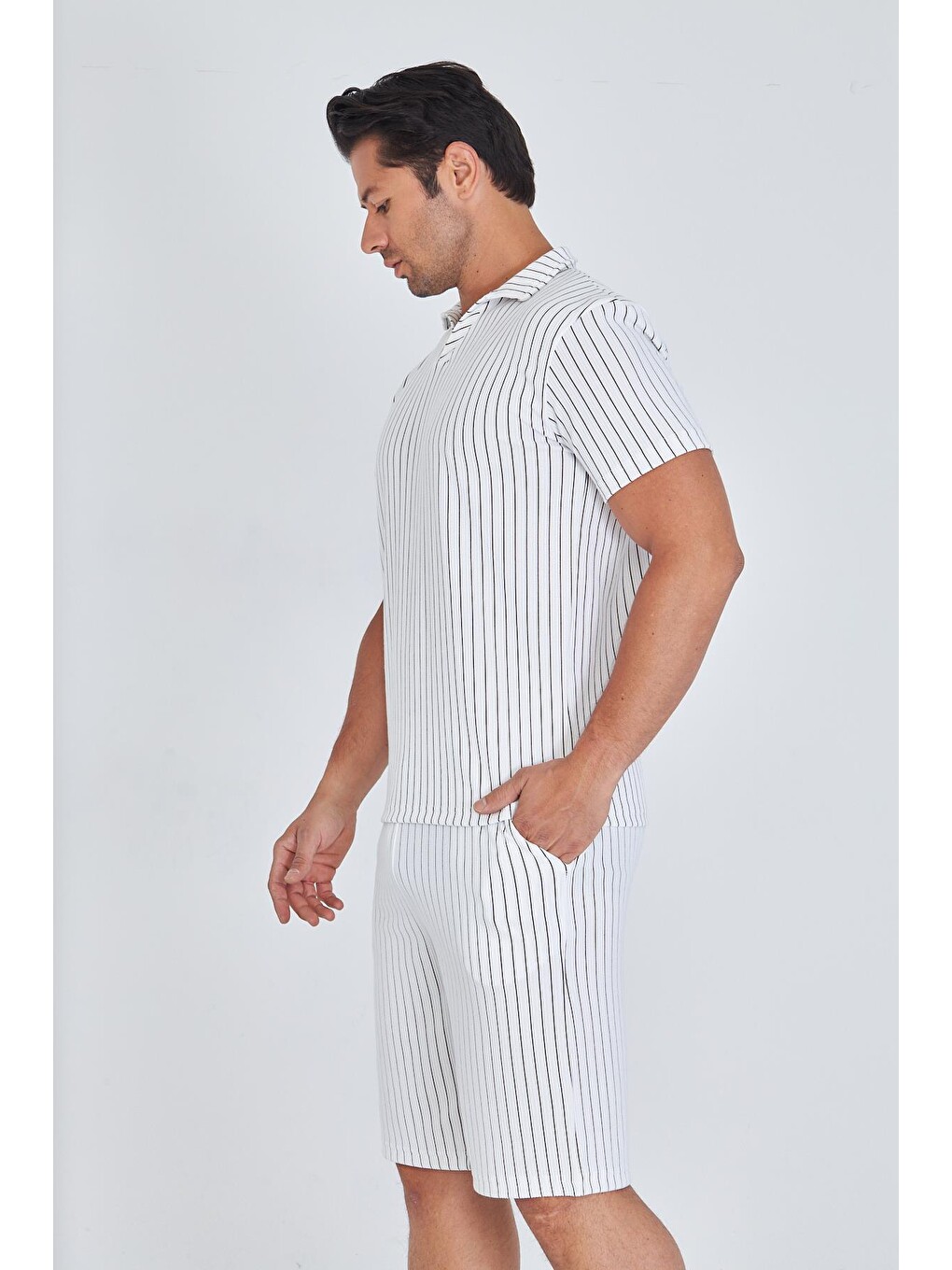 Erkek Yakalı Çizgili Polycotton T-shirt Şort İkili Takım Bej 5733-b-4