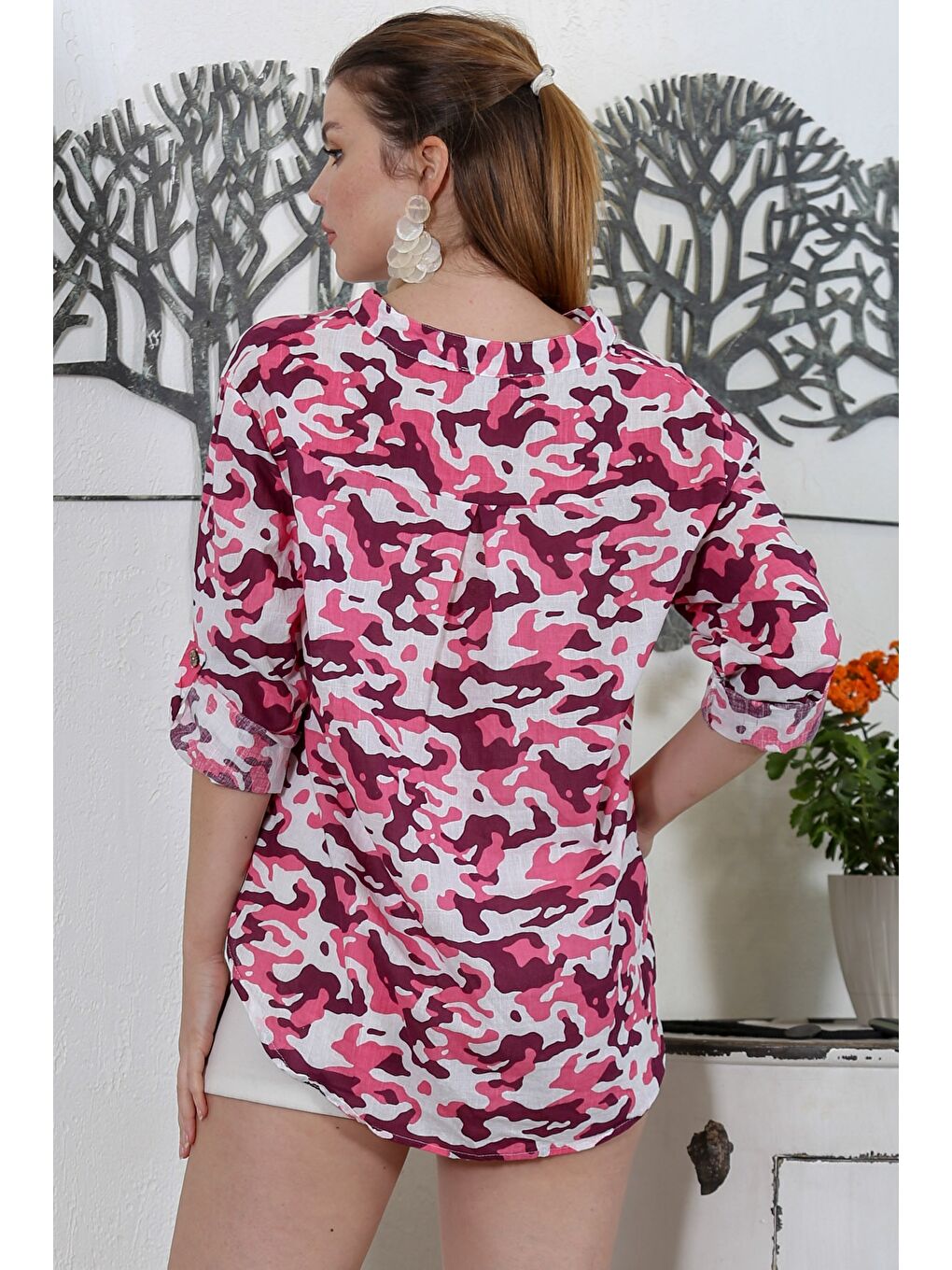 Fuşya Hakim Yaka Düğmeli Uzun Kollu Kamuflaj Yaka Kapaması Düğmeli Pullu Cepli Dokuma Casual Bluz-7
