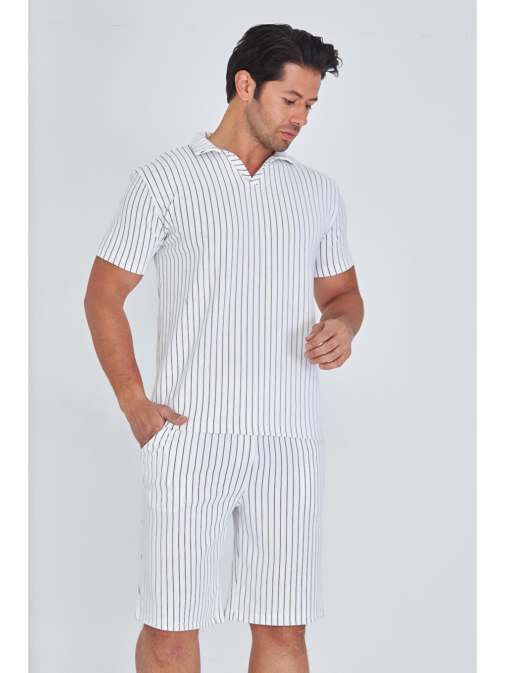 Erkek Yakalı Çizgili Polycotton T-shirt Şort İkili Takım Bej 5733-b-5