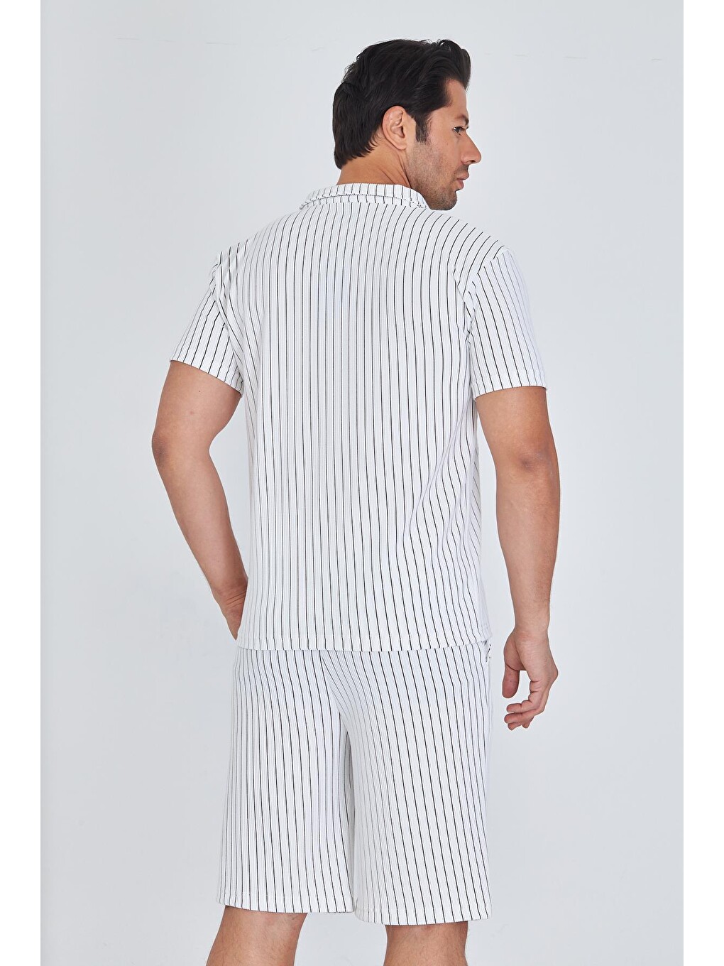 Erkek Yakalı Çizgili Polycotton T-shirt Şort İkili Takım Bej 5733-b-6