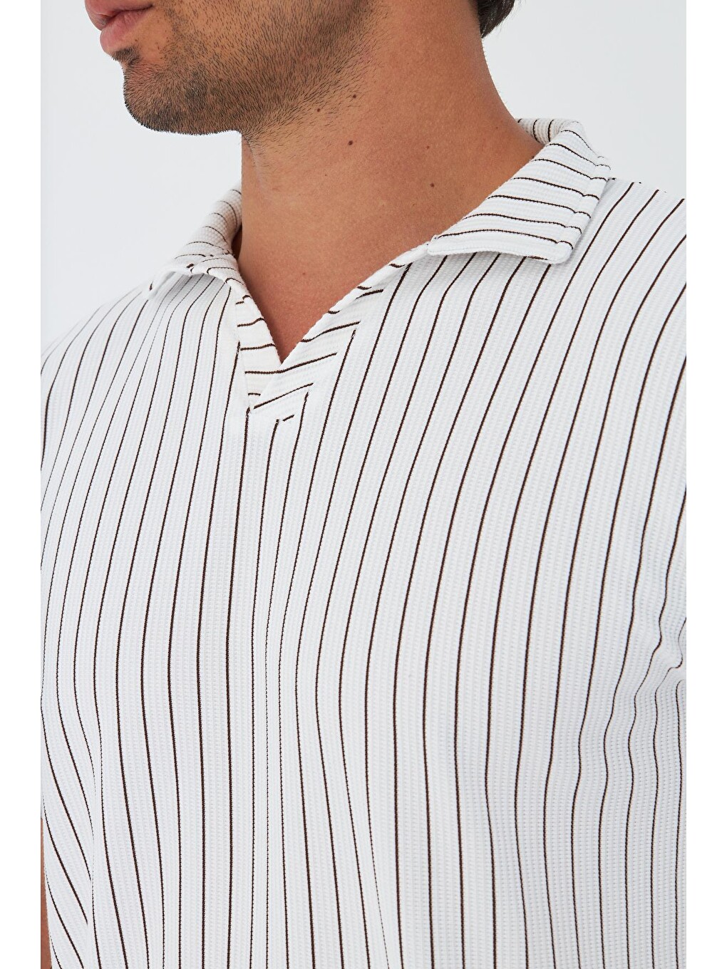Erkek Yakalı Çizgili Polycotton T-shirt Şort İkili Takım Bej 5733-b-7