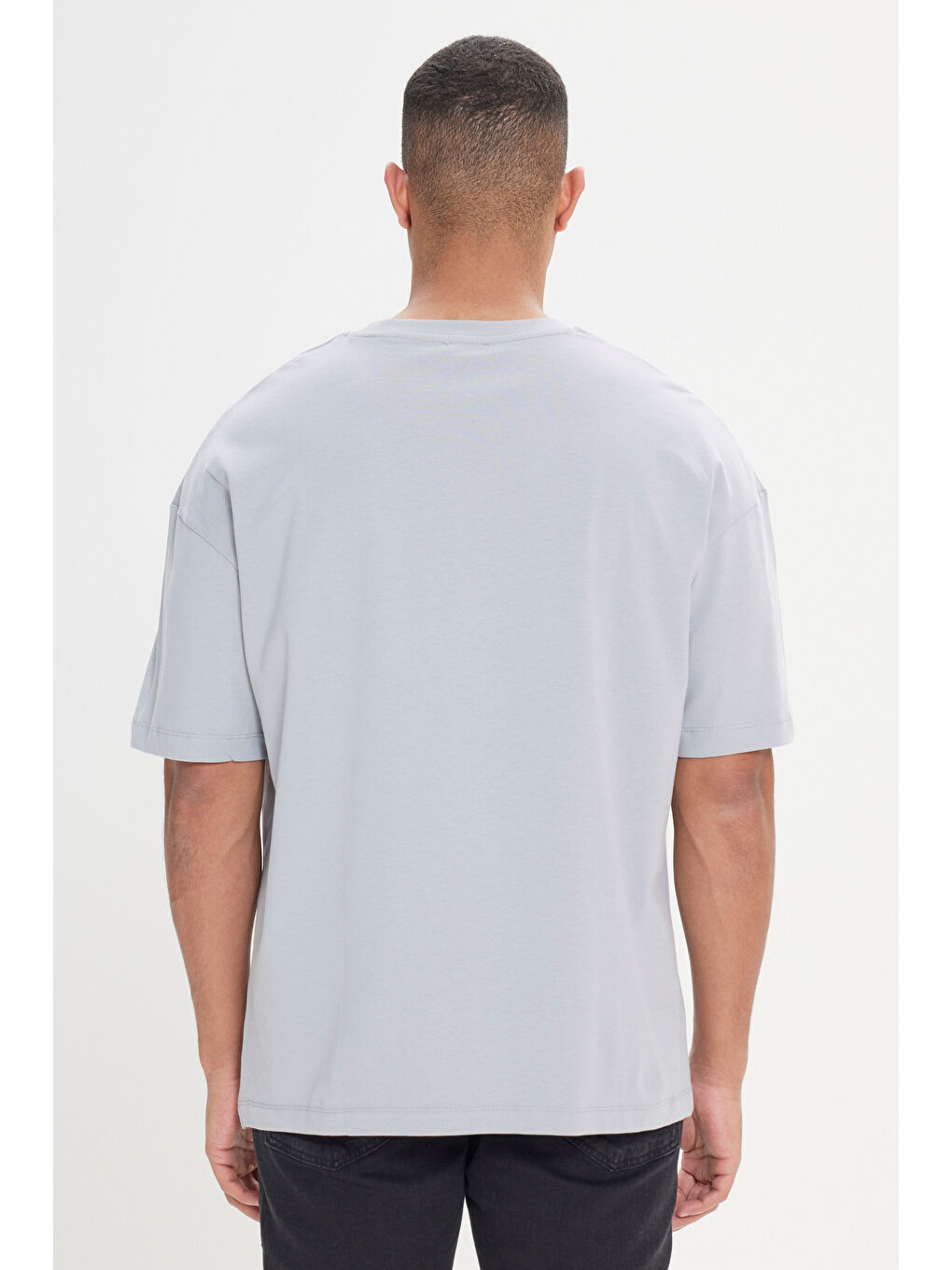 Erkek Gri Oversize Bol Kesim Bisiklet Yaka %100 Pamuk Baskılı Tişört-3