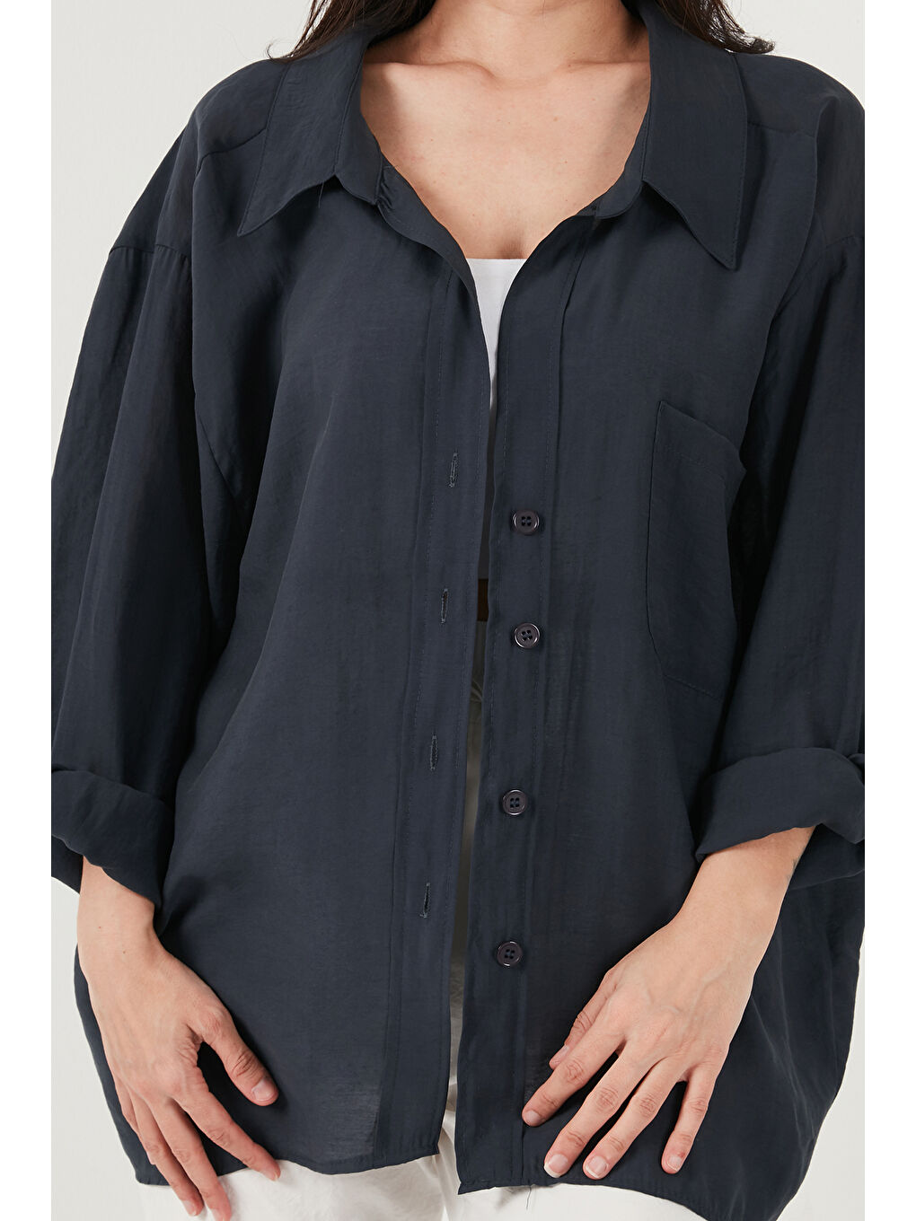 Lacivert Modal Oversize Fit Uzun Kollu Kadın Gömlek 6834612-4