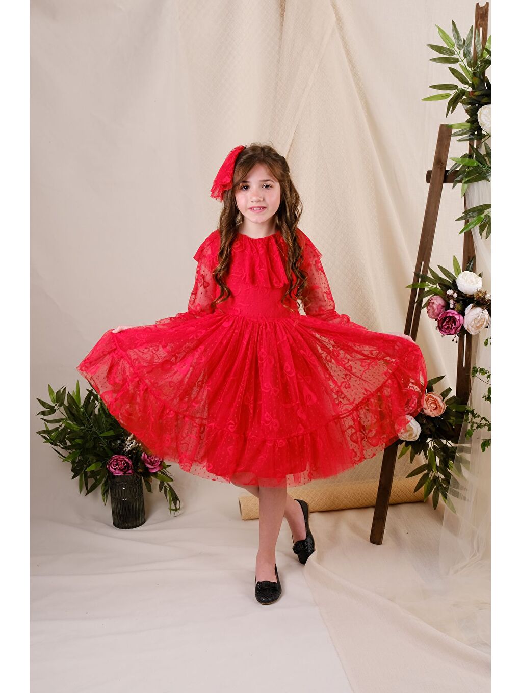 Kırmızı Fiyonk Desen Dantel Elbise-1