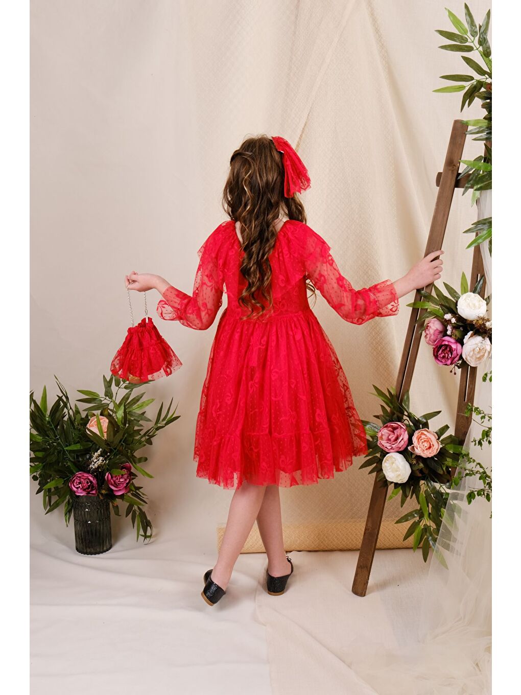 Kırmızı Fiyonk Desen Dantel Elbise-5